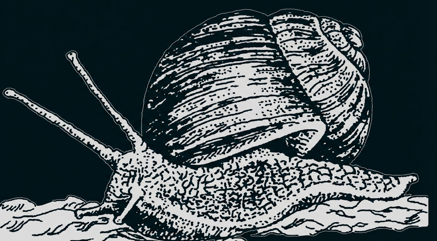 Schwarz-weiß-Zeichnung einer Schnecke mit spiralförmigem Haus, kriechend über den Boden.